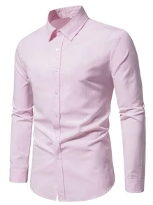 Manfinity Mode Áo sơ mi Nam Nút phía trước màu trơn Giải trí - Màu Hồng baby - Xem 3