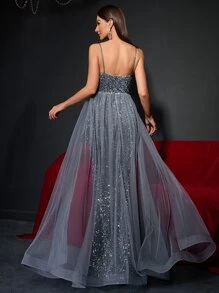 Contrast Mesh Mermaid Hem Sequin Formal Dress - Dark Grey - View 2