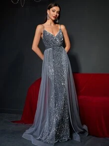 Contrast Mesh Mermaid Hem Sequin Formal Dress - Dark Grey - View 4