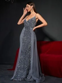 Contrast Mesh Mermaid Hem Sequin Formal Dress - Dark Grey - View 5