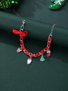 1pc New Design Christmas Tree & Santa Themed Zinc Alloy Red & Green Oil Drop Grosgrain Ribbon Bracelet For Girls, Perfect For Festival Gathering & Jewelry Gift - Red - View 1