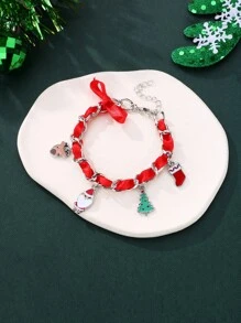 1pc New Design Christmas Tree & Santa Themed Zinc Alloy Red & Green Oil Drop Grosgrain Ribbon Bracelet For Girls, Perfect For Festival Gathering & Jewelry Gift - Red - View 2