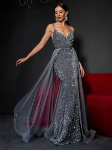 Contrast Mesh Mermaid Hem Sequin Formal Dress - Dark Grey - View 7