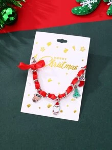 1pc New Design Christmas Tree & Santa Themed Zinc Alloy Red & Green Oil Drop Grosgrain Ribbon Bracelet For Girls, Perfect For Festival Gathering & Jewelry Gift - Red - View 3