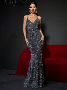 Backless Mermaid Hem Sequin Prom Dress - Grey - View 4