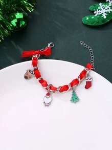 1pc New Design Christmas Tree & Santa Themed Zinc Alloy Red & Green Oil Drop Grosgrain Ribbon Bracelet For Girls, Perfect For Festival Gathering & Jewelry Gift - Red - View 4