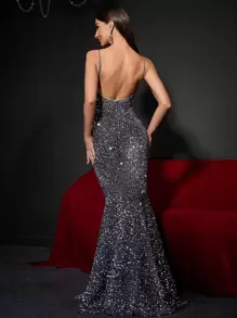 Backless Mermaid Hem Sequin Prom Dress - Grey - View 2