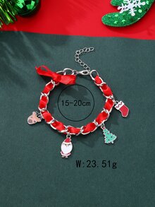 1pc New Design Christmas Tree & Santa Themed Zinc Alloy Red & Green Oil Drop Grosgrain Ribbon Bracelet For Girls, Perfect For Festival Gathering & Jewelry Gift - Red - View 5