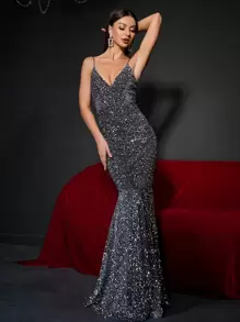 Backless Mermaid Hem Sequin Prom Dress - Grey - View 3