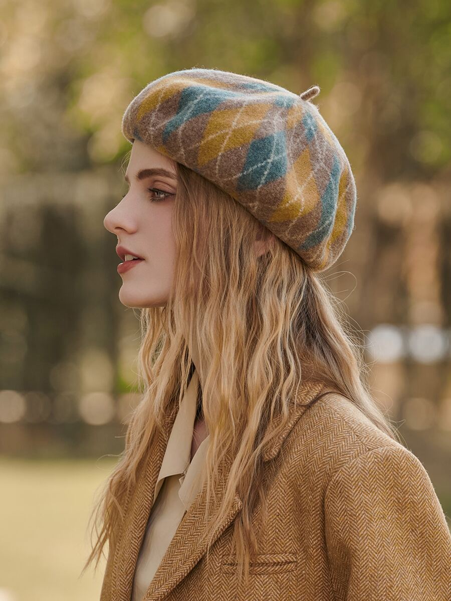 LEAJOURNO. Mùa Thu Mới Nguyên Chất Len Ấm Áp Mũ Nồi Có Họa Tiết Kim Cương Cho Nữ, Đại Học Phong Cách - Nhiều màu - Xem 1