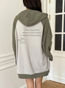 DAZY 标语图案拼色插肩袖拉链抽绳连帽衫，秋季女装运动衫夹克 - 彩色 - 查看 2