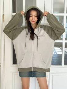 DAZY 标语图案拼色插肩袖拉链抽绳连帽衫，秋季女装运动衫夹克 - 彩色 - 查看 6