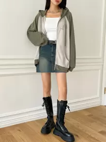 DAZY 标语图案拼色插肩袖拉链抽绳连帽衫，秋季女装运动衫夹克 - 彩色 - 查看 5