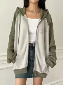 DAZY 标语图案拼色插肩袖拉链抽绳连帽衫，秋季女装运动衫夹克 - 彩色 - 查看 4