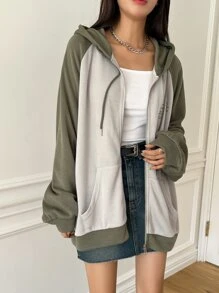 DAZY 标语图案拼色插肩袖拉链抽绳连帽衫，秋季女装运动衫夹克 - 彩色 - 查看 7