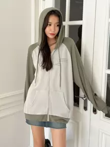 DAZY 标语图案拼色插肩袖拉链抽绳连帽衫，秋季女装运动衫夹克 - 彩色 - 查看 8