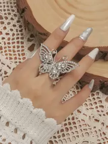 Anillo con diamante de imitación con diseño de mariposa - Plateado - Ver 1