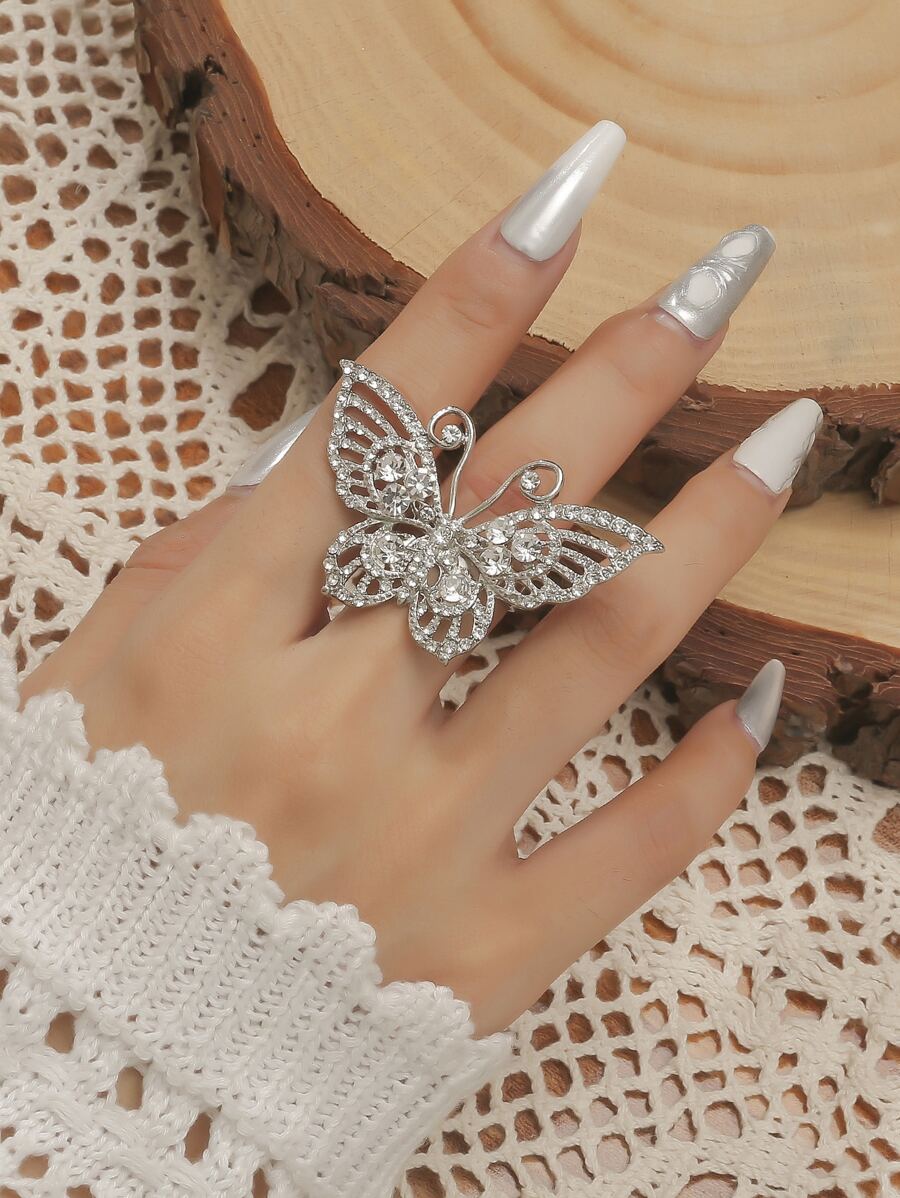 Anillo con diamante de imitación con diseño de mariposa - Plateado - Ver 1