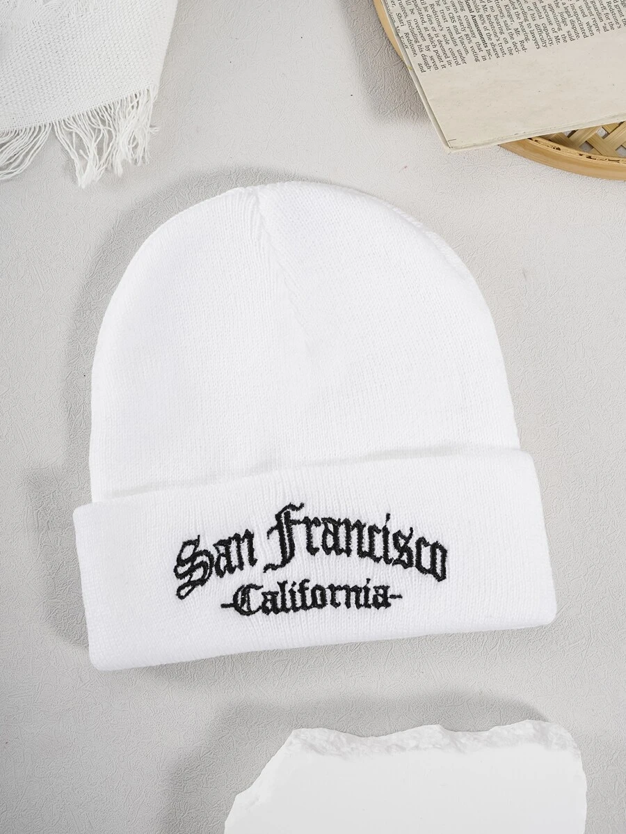 1pc Unisex Letter Embroidered Knit Beanie Hat, Winter Warm - White - View 1