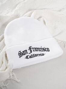 1pc Unisex Letter Embroidered Knit Beanie Hat, Winter Warm - White - View 3