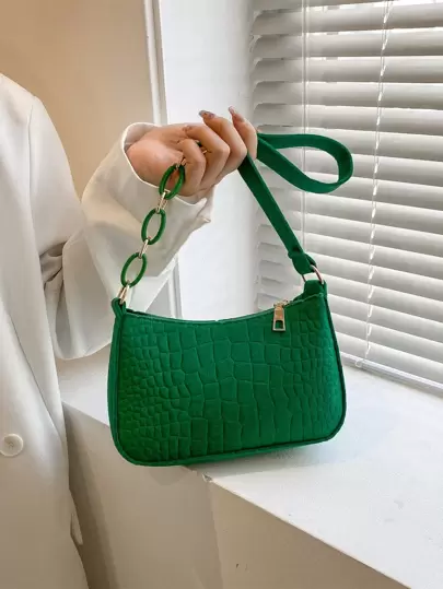 Mini Bag Crocodile Embossed Solid Color Zipper Fashionable , Green