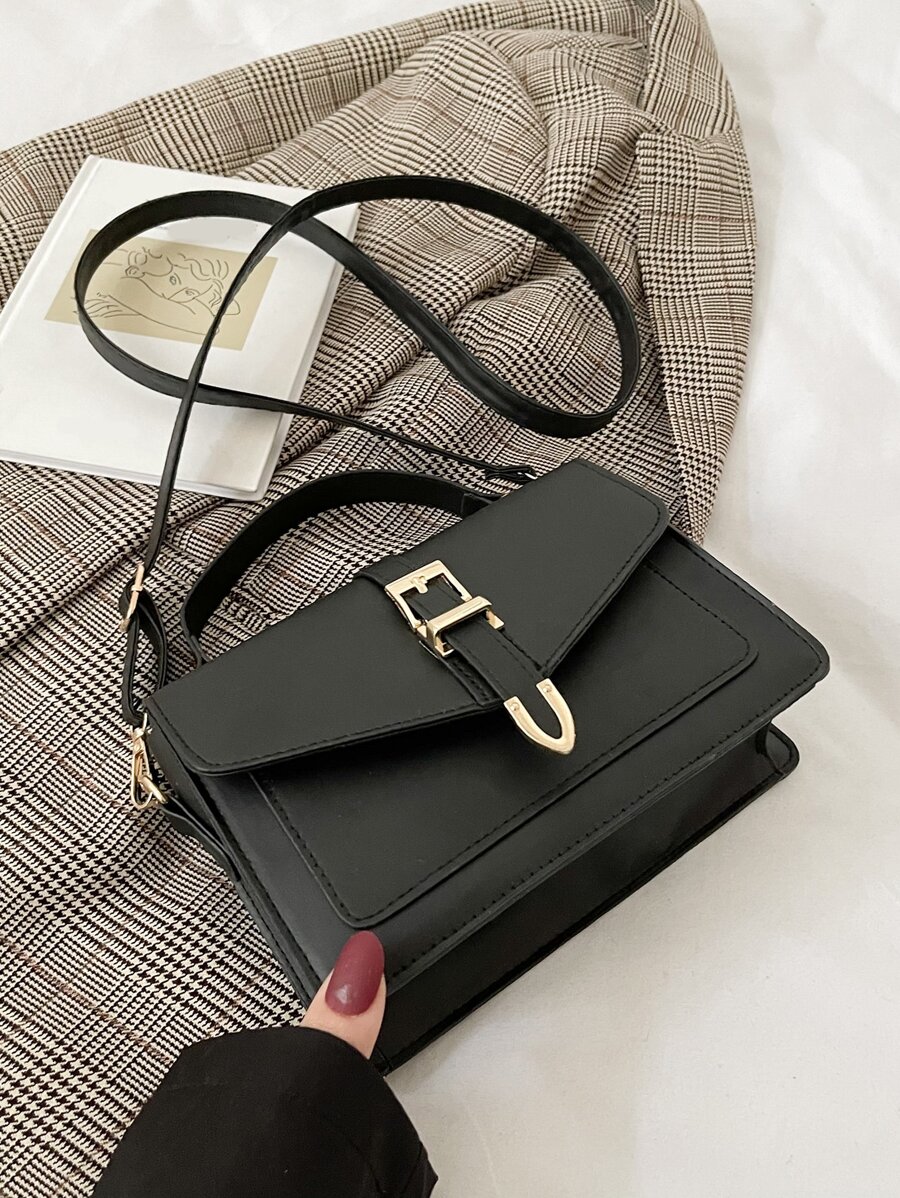 Buckle Decor Flap Square Bag - Black - View 1