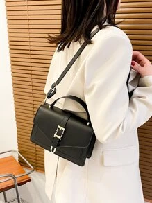 Buckle Decor Flap Square Bag - Black - View 4