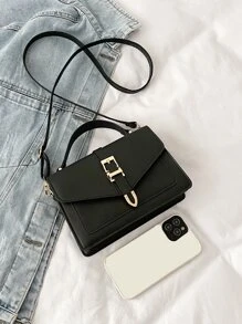 Buckle Decor Flap Square Bag - Black - View 6