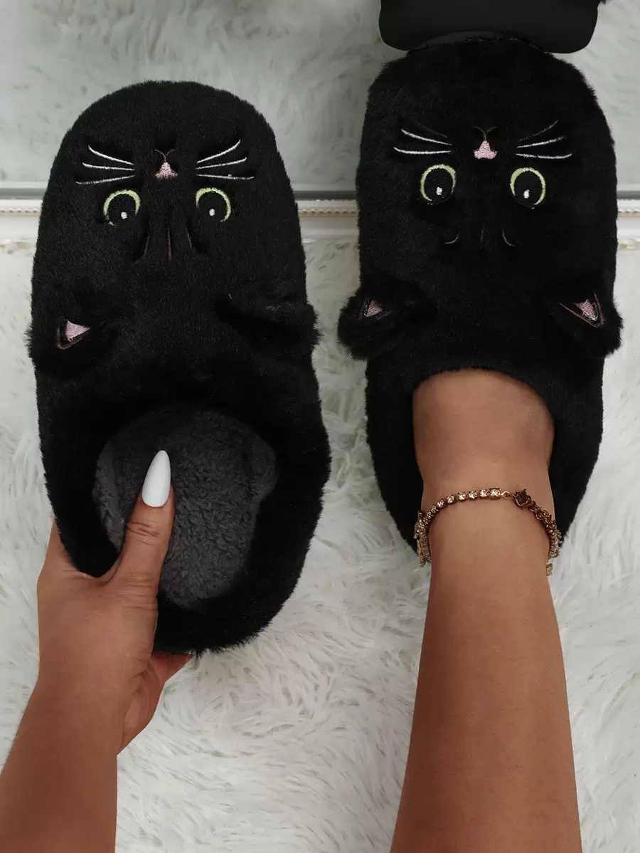 Women's Cat Embroidery Mule Slippers, Autumn/Winter Indoor Slip-On Non-Slip Slide Sandals, Couple Gift,Furry Shoes