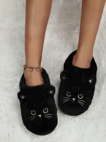 Women's Cat Embroidery Mule Slippers, Autumn/Winter Indoor Slip-On Non-Slip Slide Sandals, Couple Gift,Furry Shoes