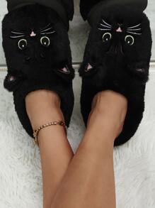 Women's Cat Embroidery Mule Slippers, Autumn/Winter Indoor Slip-On Non-Slip Slide Sandals, Couple Gift,Furry Shoes