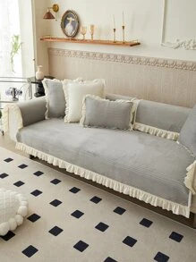 1pc Ruffle Trim Sofa Towel - Grey - View 1