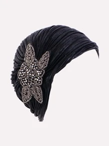 Envoltura de la cabeza con diamante de imitación con diseño de flor con diseño fruncido - Negro - Ver 2