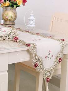 1入組花卉刺繡流蘇裝飾長方桌布