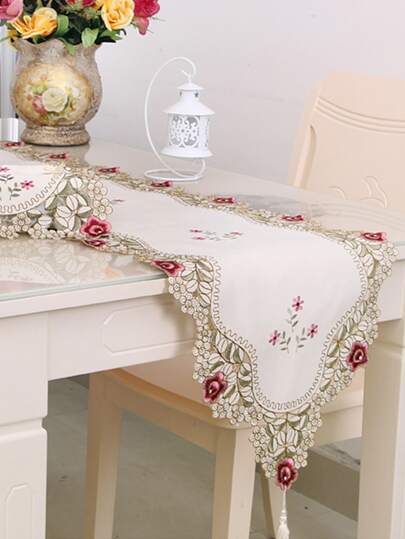 1入組花卉刺繡流蘇裝飾長方桌布