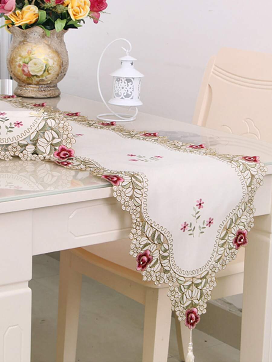 1入組花卉刺繡流蘇裝飾長方桌布