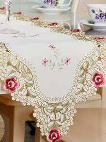 1入組花卉刺繡流蘇裝飾長方桌布