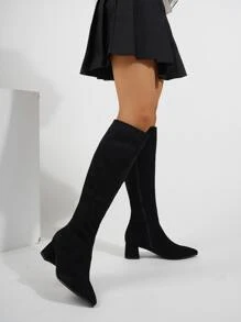Side Zip Point Toe Chunky Heeled Faux Suede Classic Boots - Black - View 1