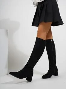 Side Zip Point Toe Chunky Heeled Faux Suede Classic Boots - Black - View 2