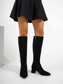 Side Zip Point Toe Chunky Heeled Faux Suede Classic Boots - Black - View 3