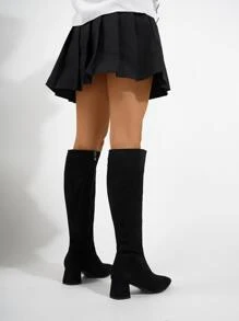 Side Zip Point Toe Chunky Heeled Faux Suede Classic Boots - Black - View 4