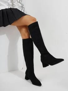 Side Zip Point Toe Chunky Heeled Faux Suede Classic Boots - Black - View 5