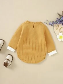Baby Girl Contrast Trim Cable Knit Bodysuit - Mustard Yellow - View 2