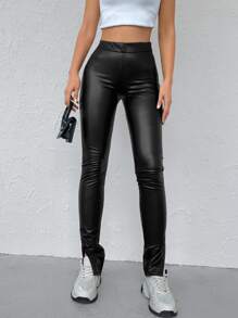 EURMUSE Split Hem PU Trousers - Black - View 3