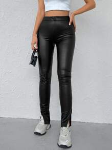 EURMUSE Split Hem PU Trousers - Black - View 4