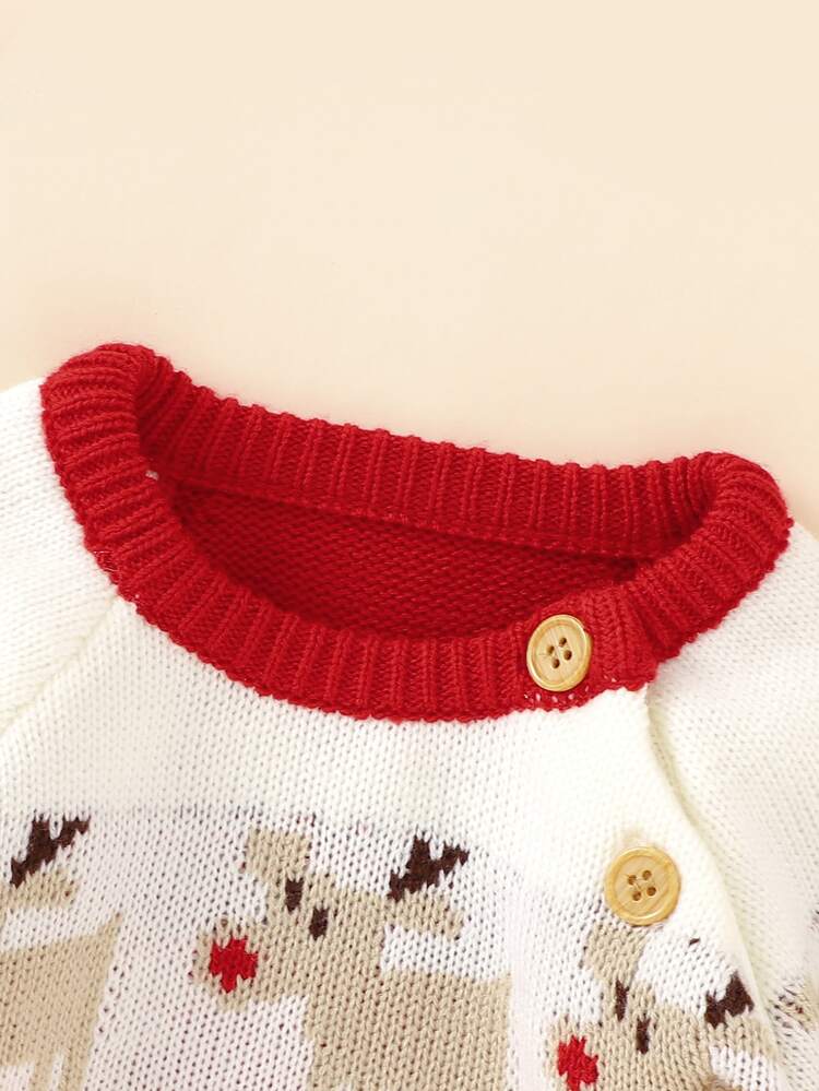 嬰兒聖誕圖案紐扣細節套頭毛衣 - 紅白色 - 查看 3