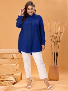 Mulvari 大碼素色弧形下擺襯衫 - 藍色 - 查看 3