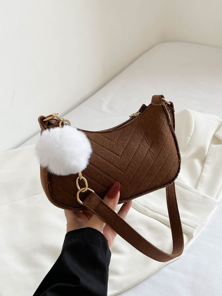 Chevron Pom Pom Decor Hobo Bag - Coffee Brown - View 1