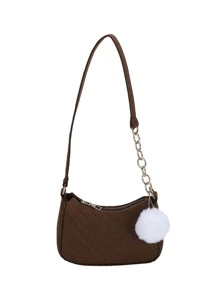 Chevron Pom Pom Decor Hobo Bag - Coffee Brown - View 2