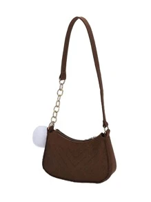 Chevron Pom Pom Decor Hobo Bag - Coffee Brown - View 3